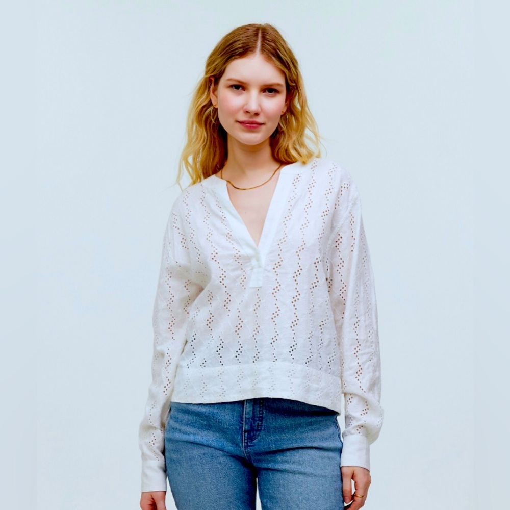 Madewell Womens White Long-Sleeve Popover Top in Eyelet